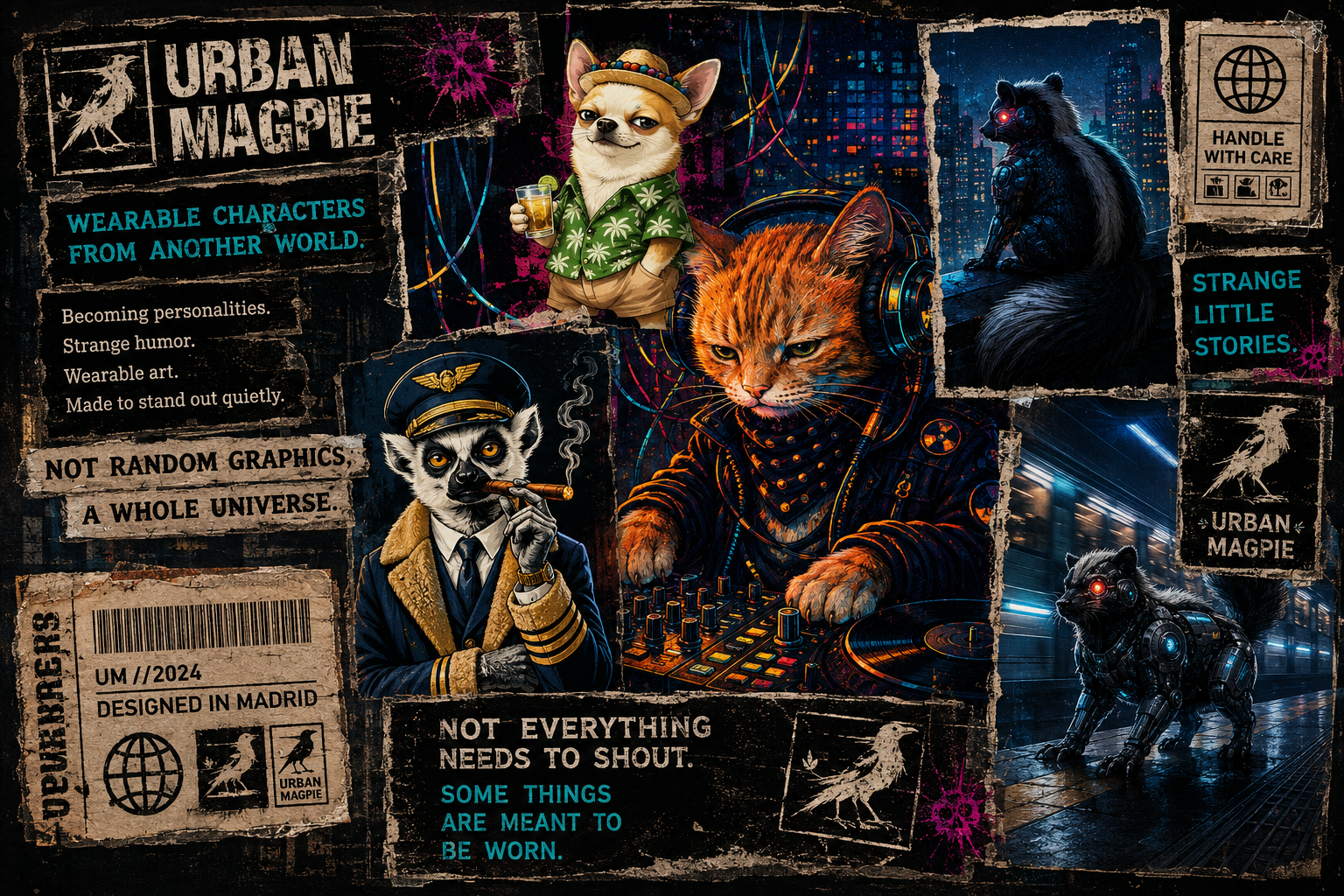 Urban Magpie character universe collage