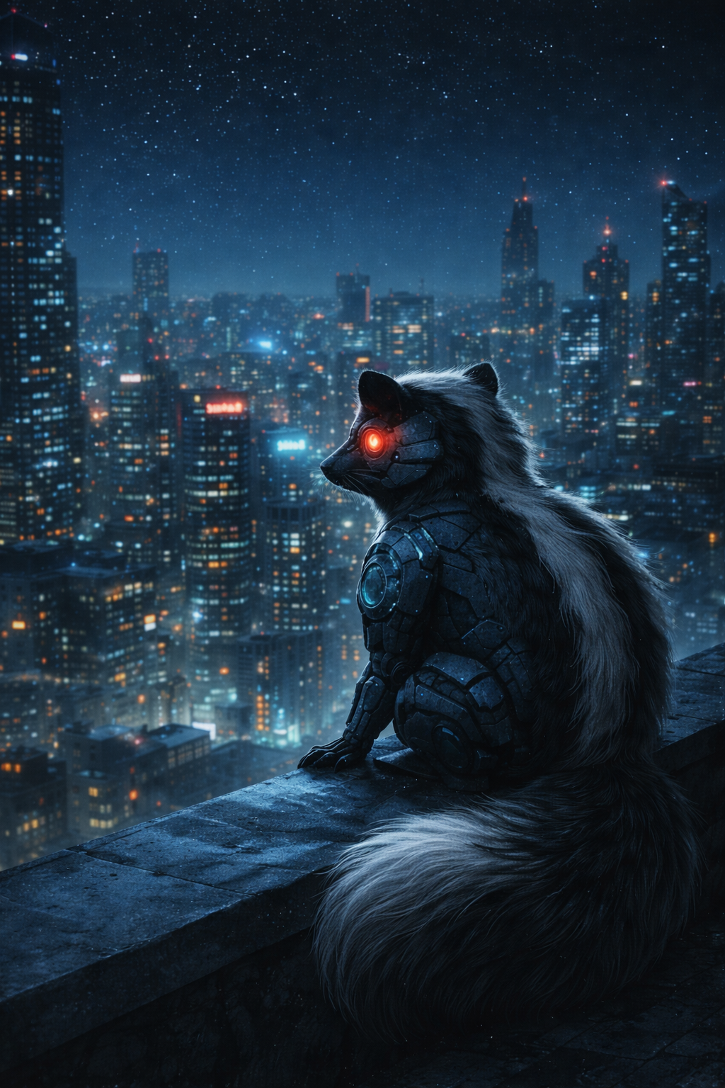 Cyber Skunk overlooking a futuristic city rooftop